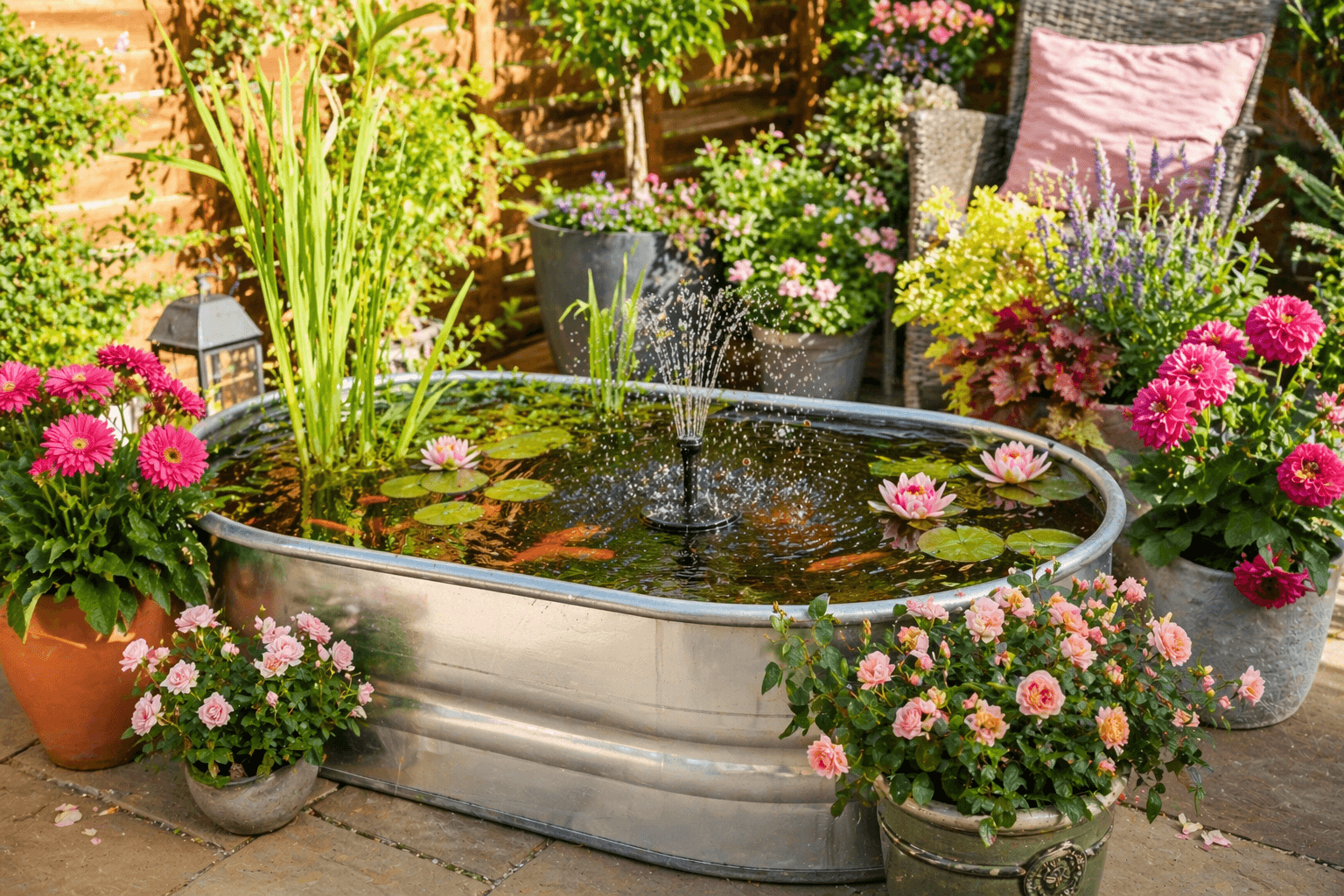 Metal trough container pond with marginals and pots