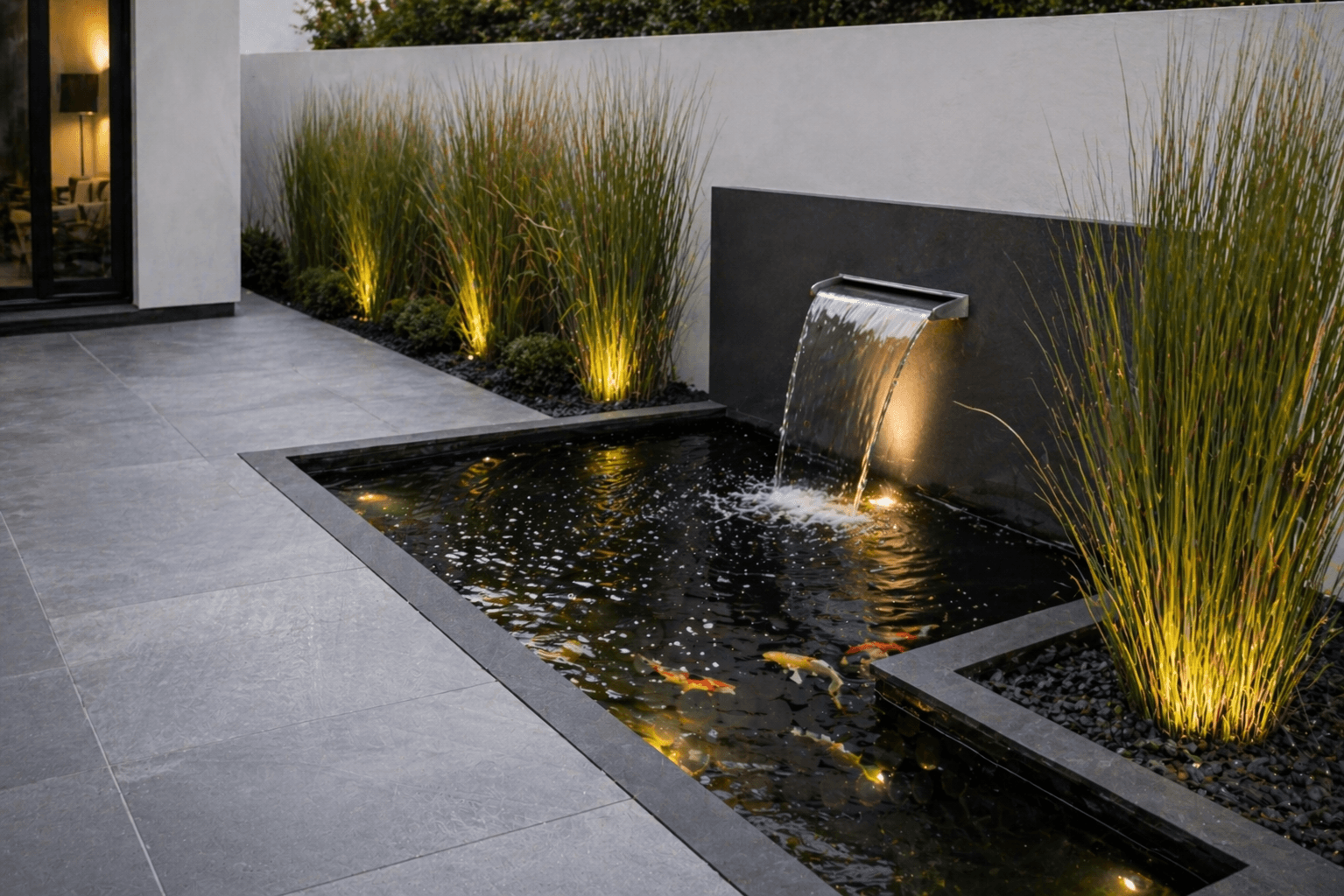 modern square pond with blade water feature