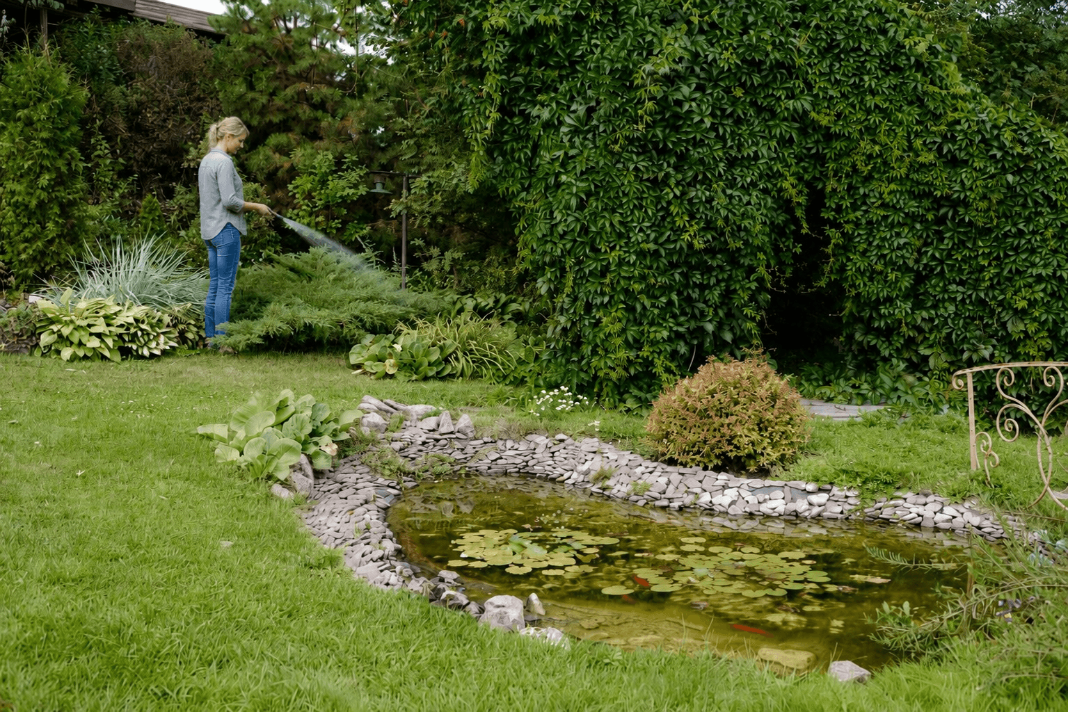 Woman watering her garden, garden pond